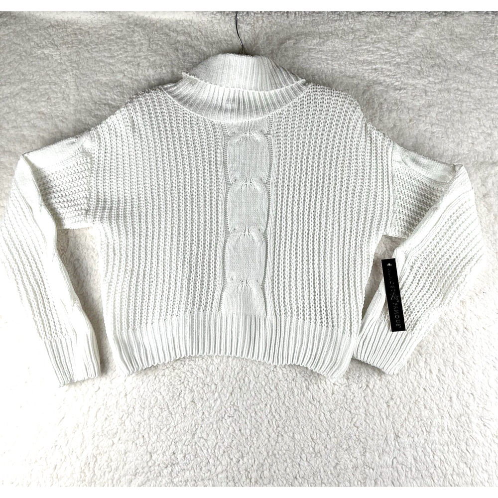 Almost Famous Ivory Turtle Neck Cropped Sweater Cable Knit Long Sleeve Size M